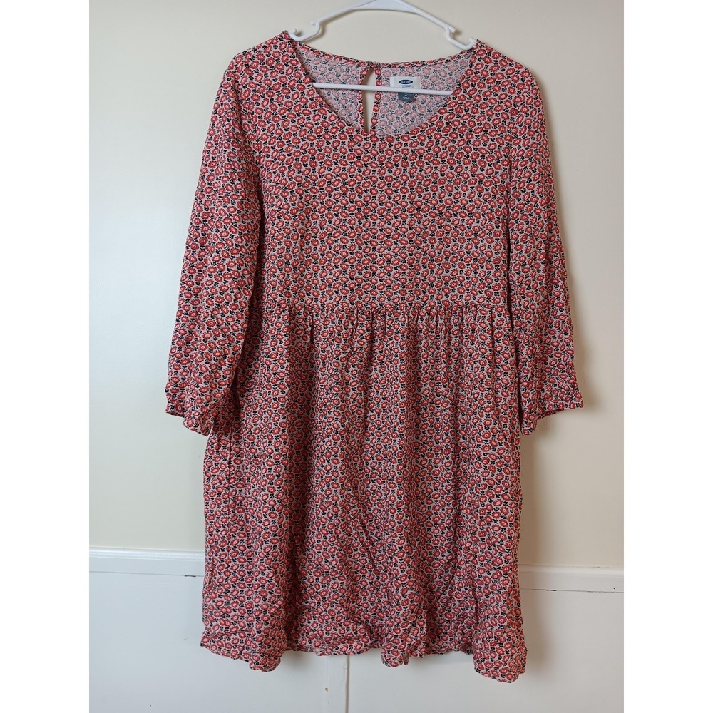 Old Navy Dress Womens M Red Floral Fit & Flare 3/4 Sleeve Short Lightweight